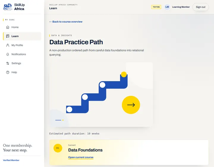 The current SkillUp Africa Academy learning path, shown with synthetic review data
