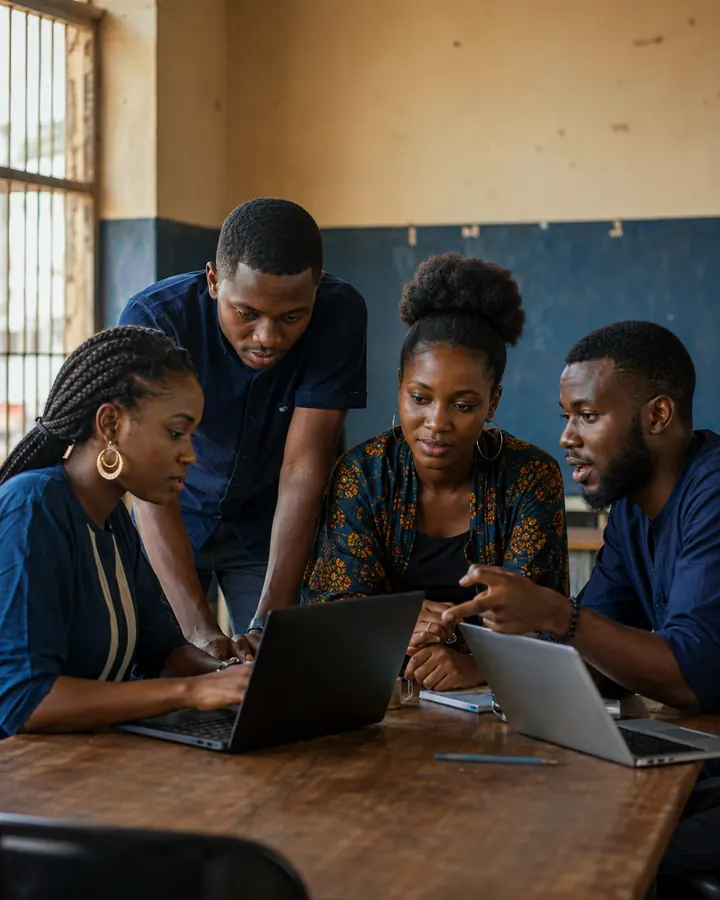 Illustrative Nigerian learners collaborating around laptops at a skills hub
