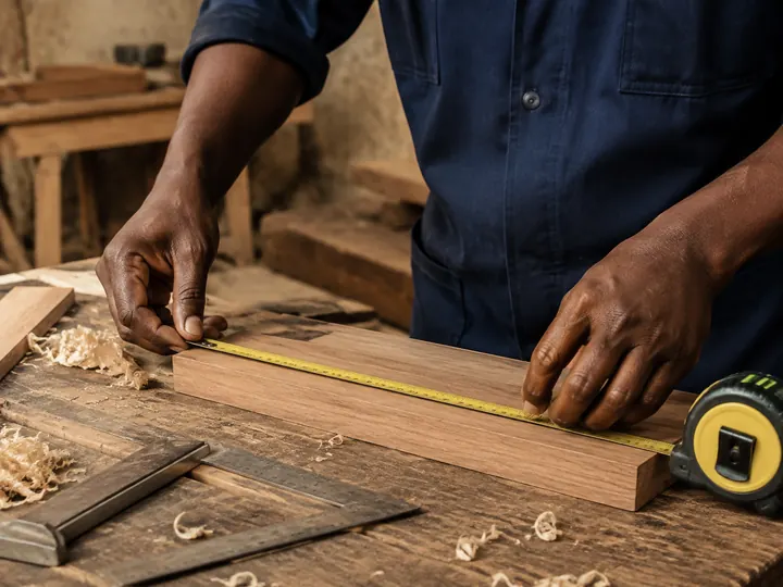 Illustrative close-up of practical measuring work at a vocational bench
