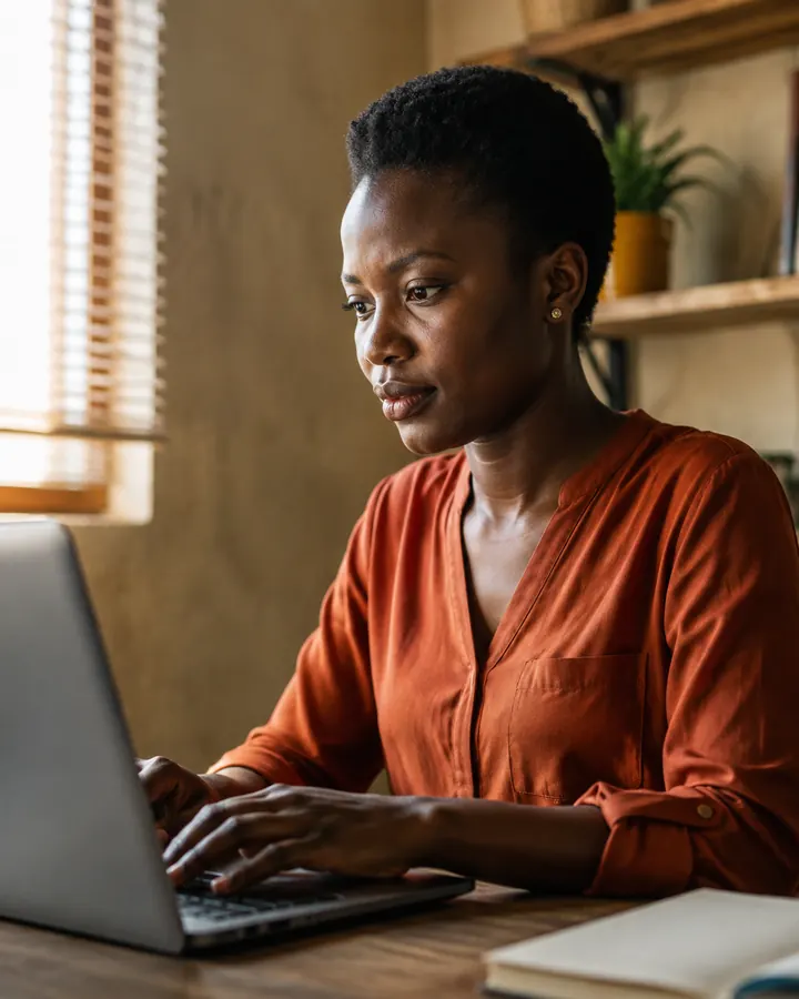 Illustrative learner concentrating at a laptop in warm window light